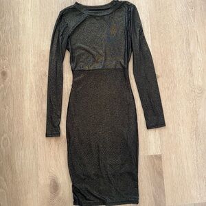 Long Sleeve Black Gold Sparkle Glitter Mesh Top Dress